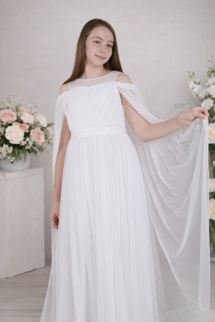 Myra Girls Soft White Cape-Style Princess Gown