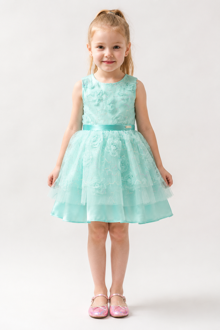 Vanya Mint Green 3D Floral Party Dress for Girls