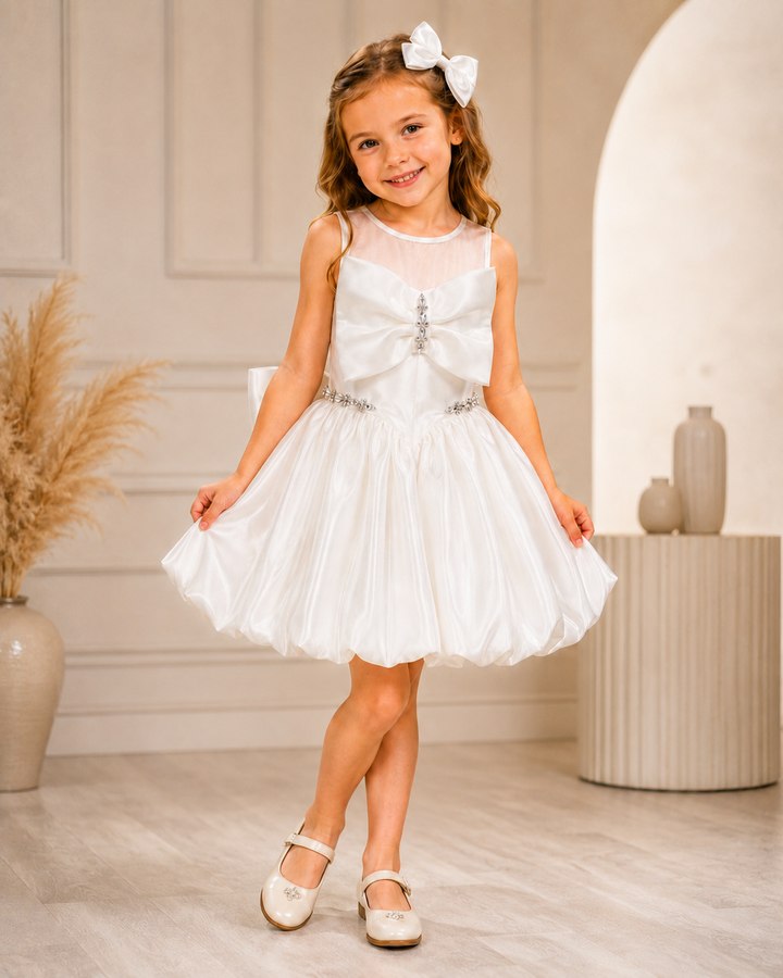 Margot White Satin Bow Party Dress for Girls