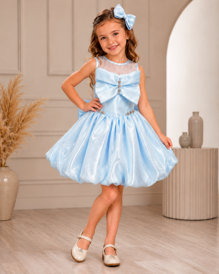 Margot Blue Satin Bow Party Dress for Girls