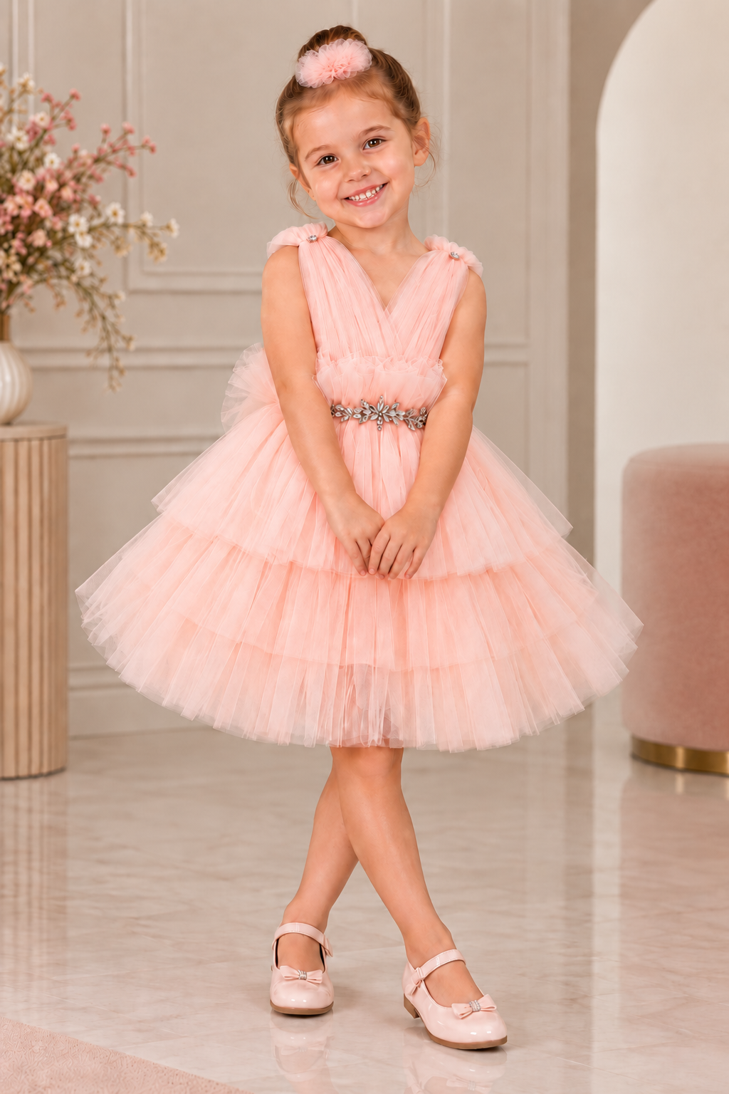 Lydia Blush Pink Layered Tulle Birthday Party Dress for Girls