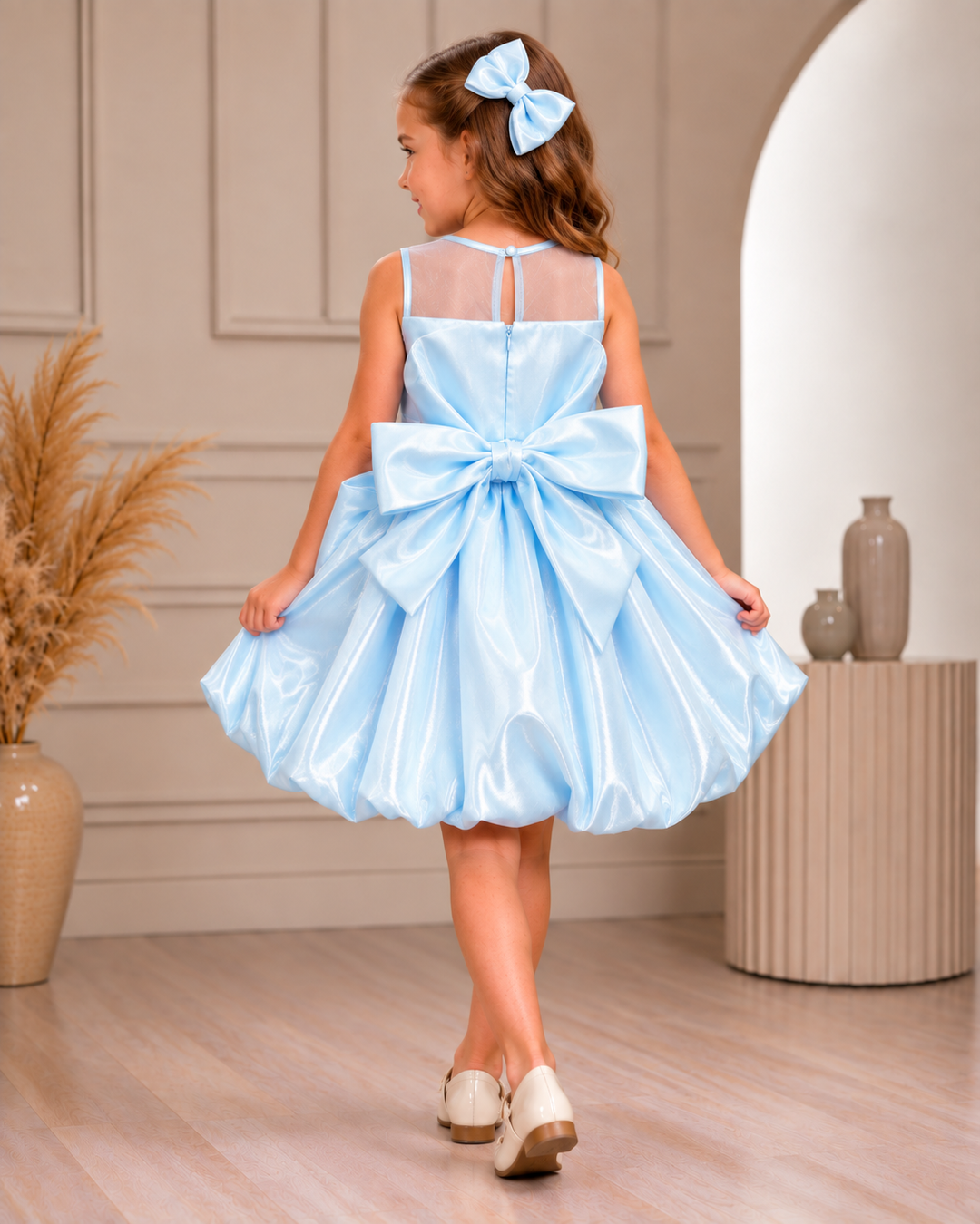 Margot Blue Satin Bow Party Dress for Girls