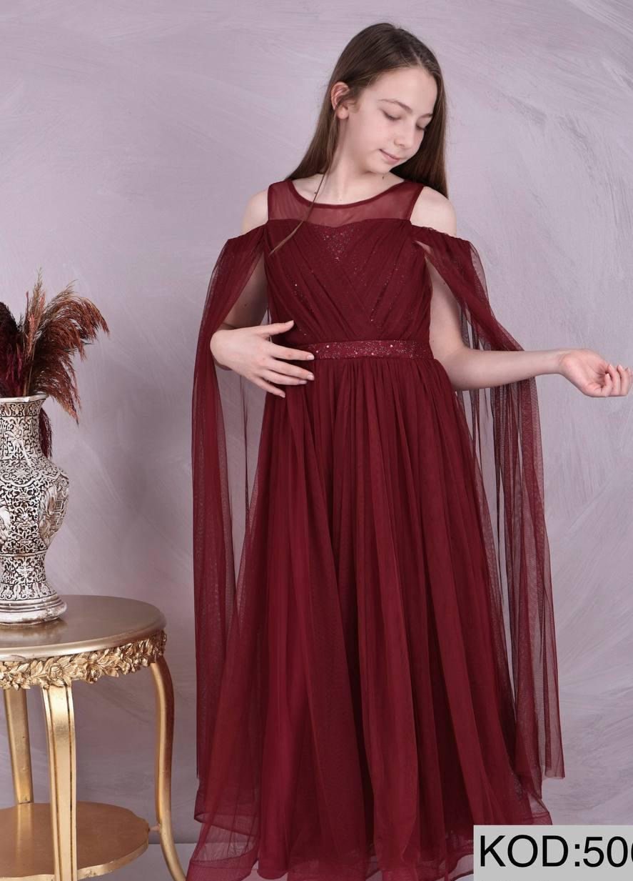 Myra Girls Soft Maroon Cape-Style Princess Gown