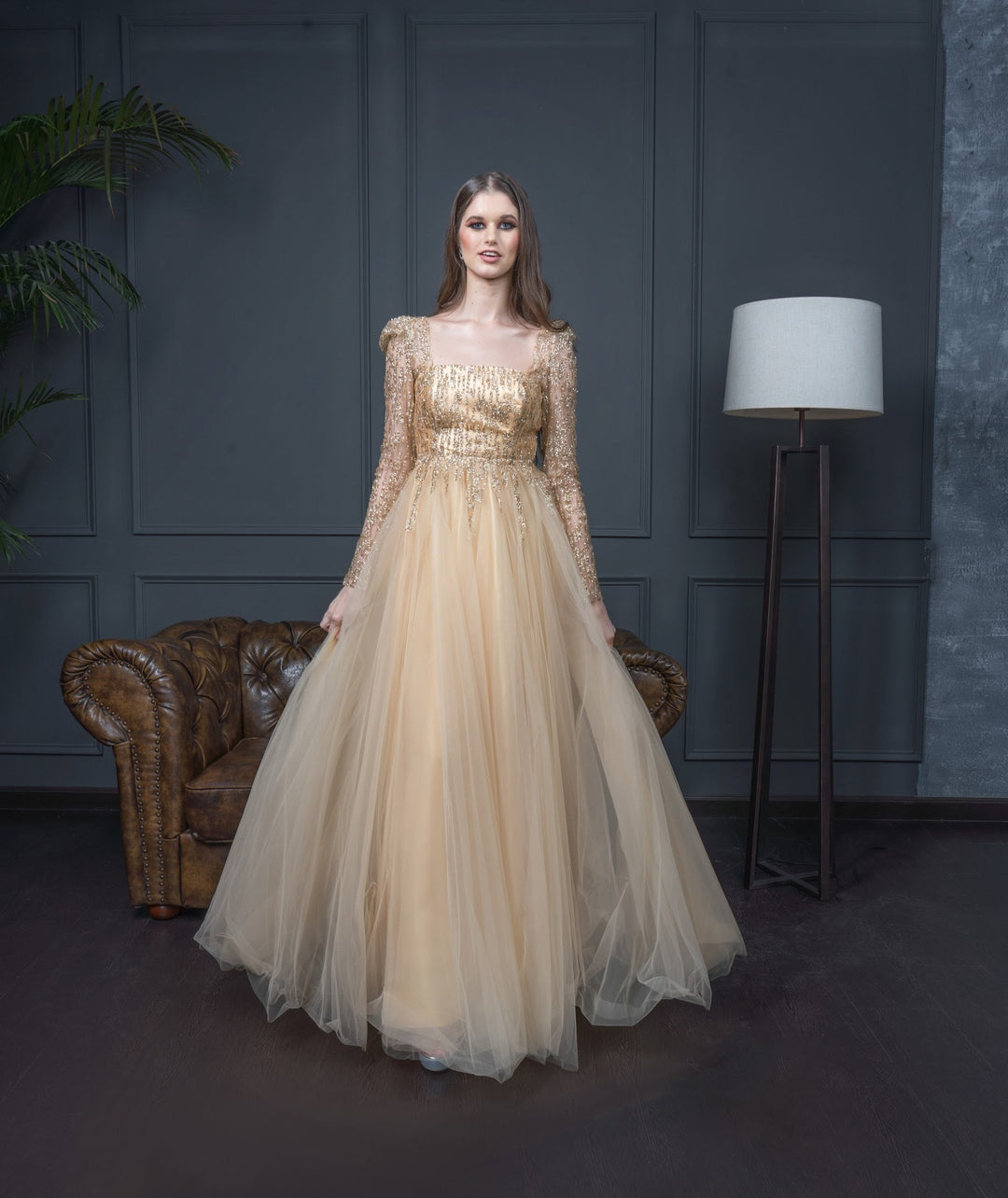 Anna Gold Luxury Sequins Square Neck Women Party Dress 38