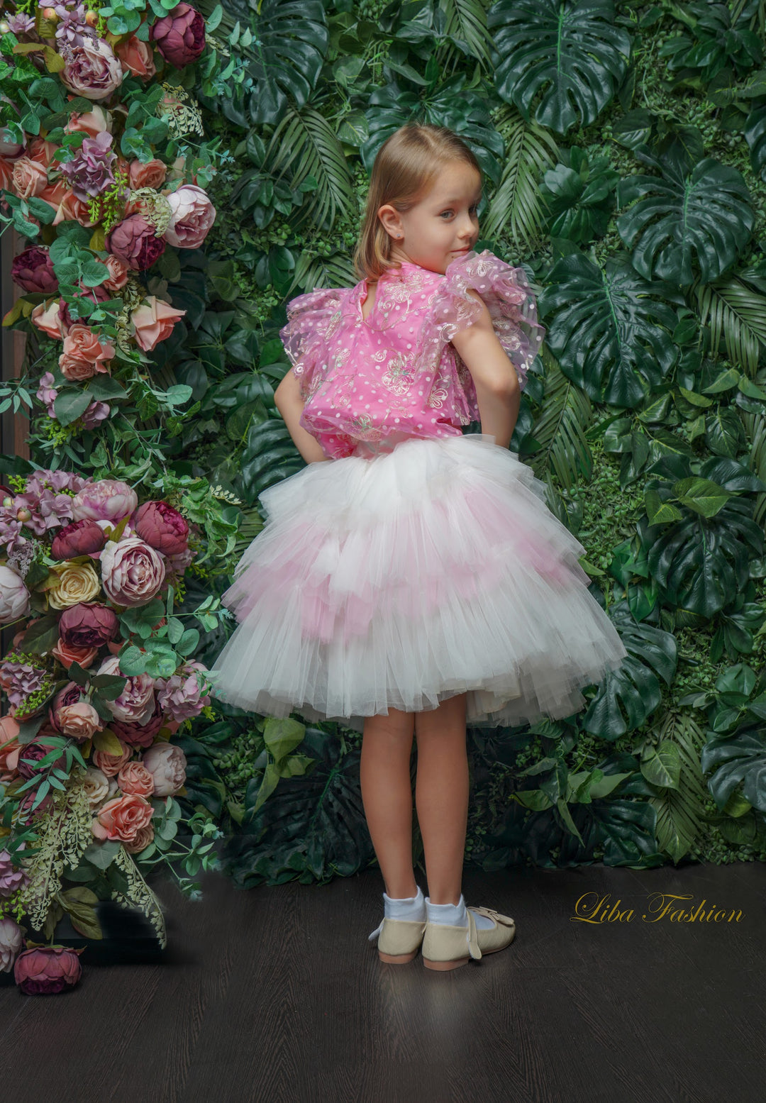 Rahma Pink Bow Knot Crop Top and White Tulle Skirt for Girls