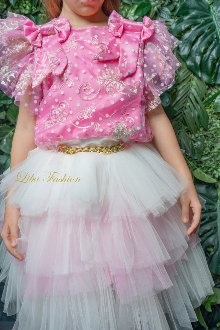 Rahma Pink Bow Knot Crop Top and White Tulle Skirt for Girls