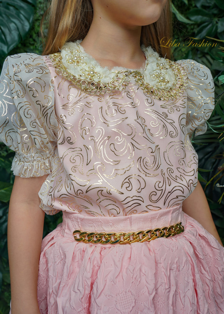 Pink Puff Sleeves Crop Top and Skirt for Girls