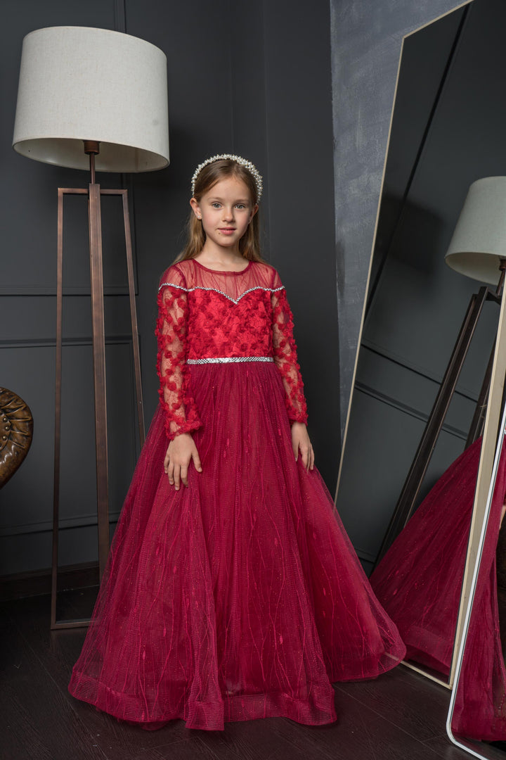 Luxury Luna Maroon Long Sleeves Gown for Girls