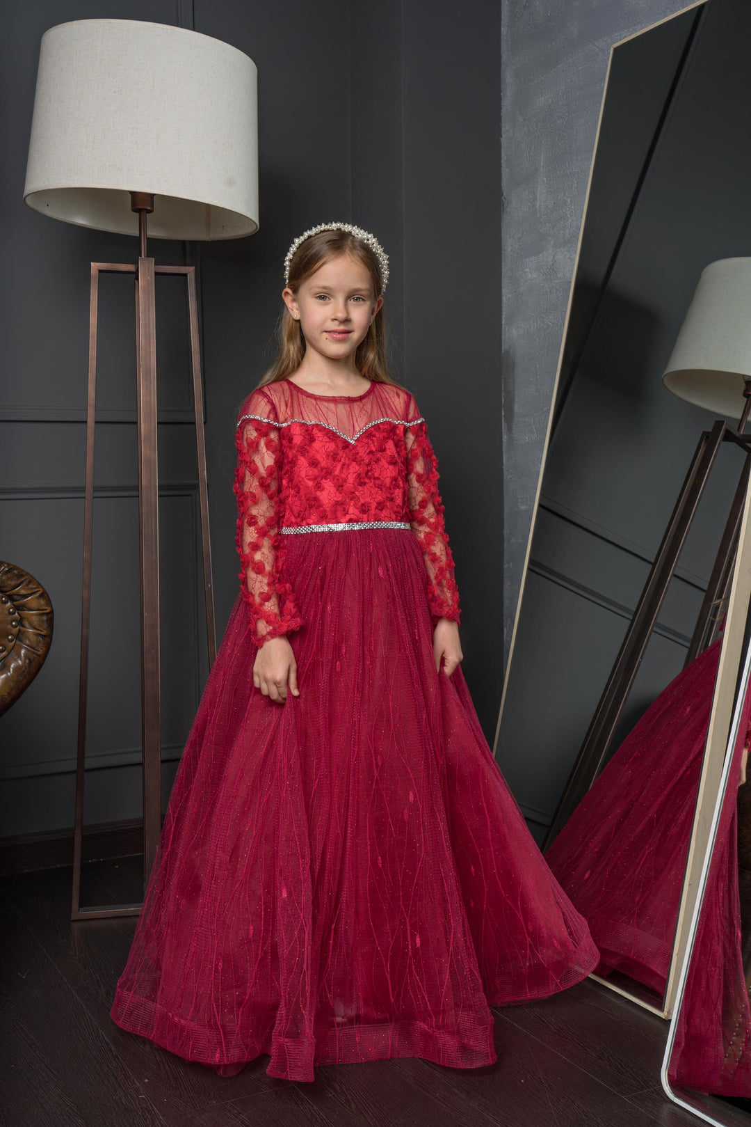 Luxury Luna Maroon Long Sleeves Gown for Girls