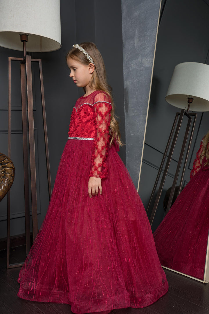 Luxury Luna Maroon Long Sleeves Gown for Girls