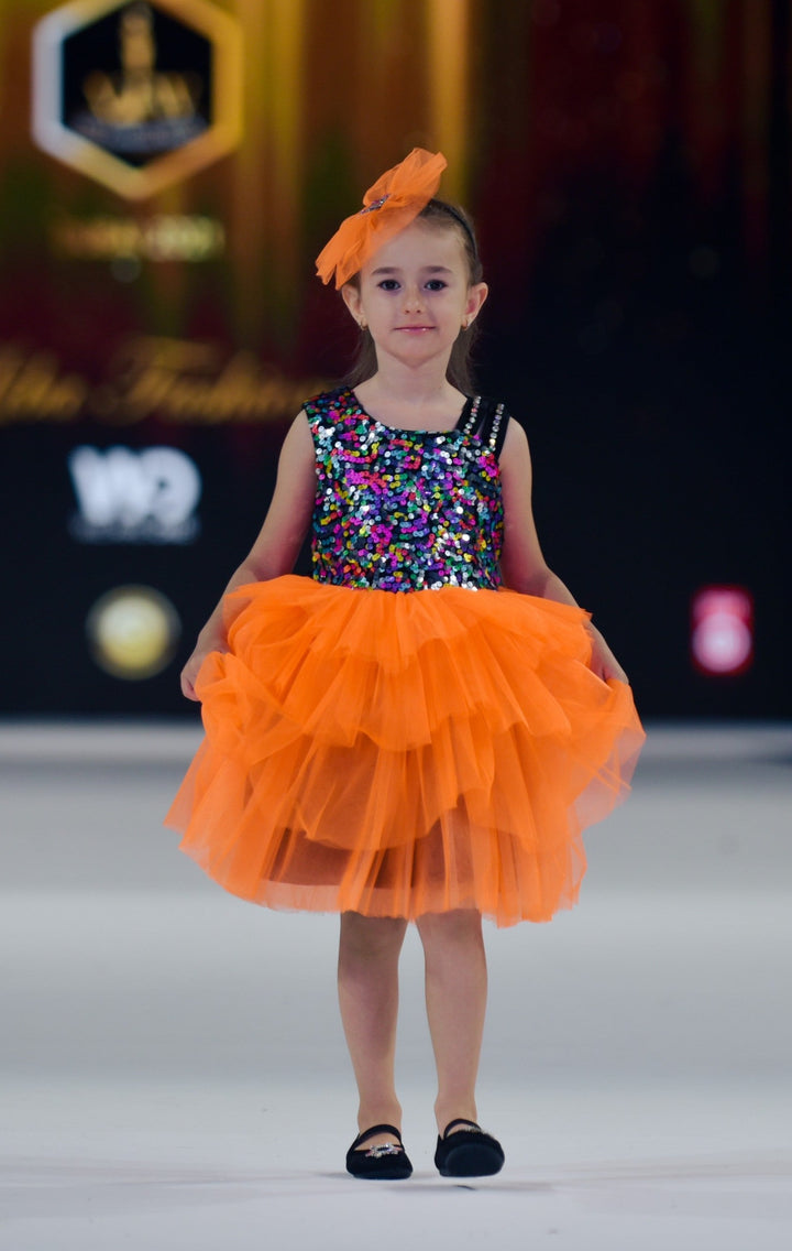 Orange Multi Colour Sequined Party Dress