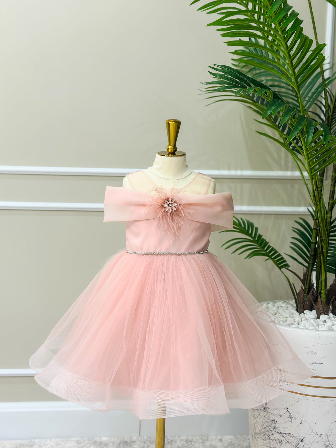 Naomi Girls Blush Pink Feather Party Dress