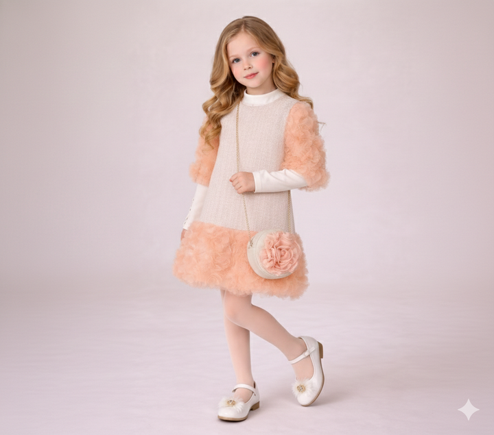 Zaliya Girls Coral Peach & Ivory Floral Dress with Rosette Detailing