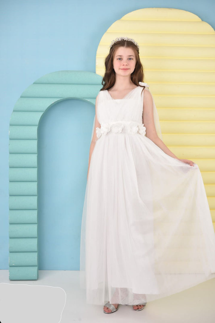 White Flower Tulle school farewell Party wear Dress for girls