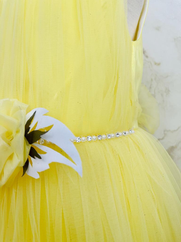 Ivy Yellow Flower Long Applique Party Wear Dress