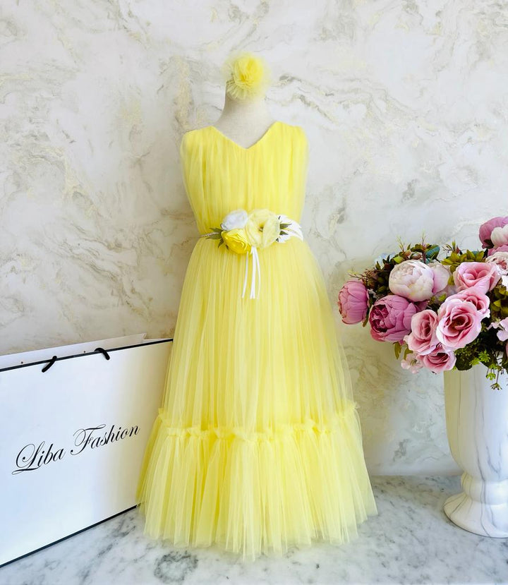 Ivy Yellow Flower Long Applique Party Wear Dress