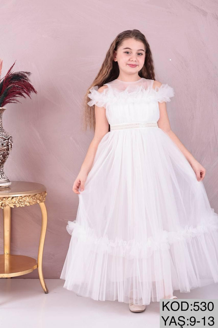 Caroline Elegant White Tulle Girls' Party Dress