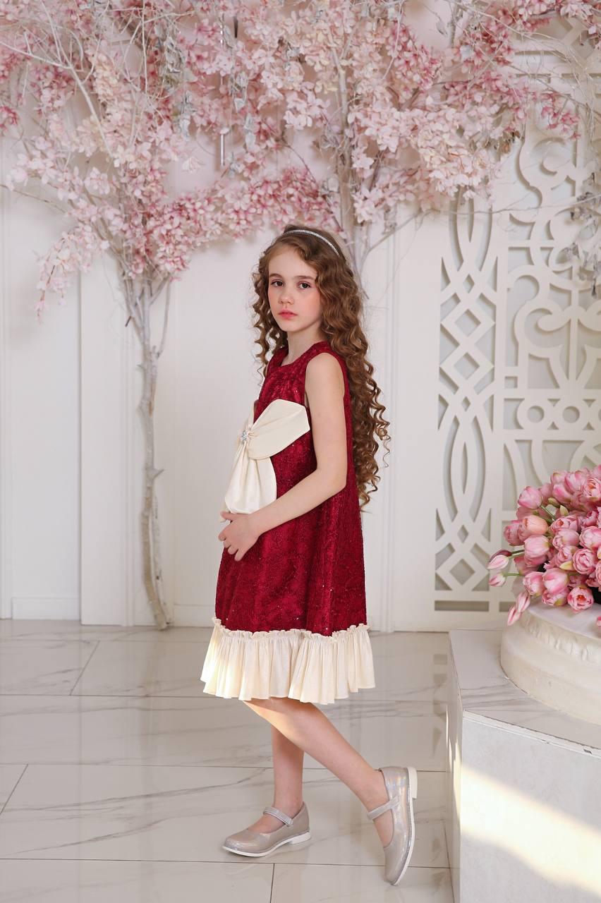 Junia Red Luxury Girls Party Dress with Cream Bow