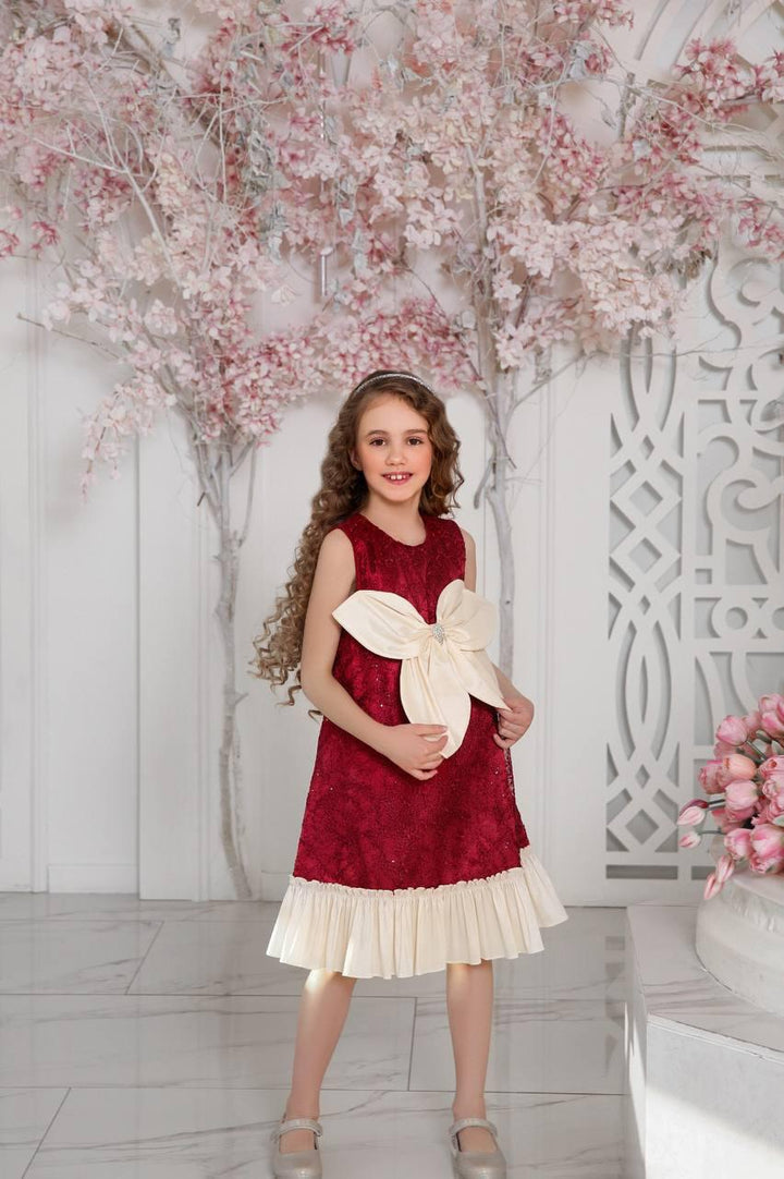 Junia Red Luxury Girls Party Dress with Cream Bow
