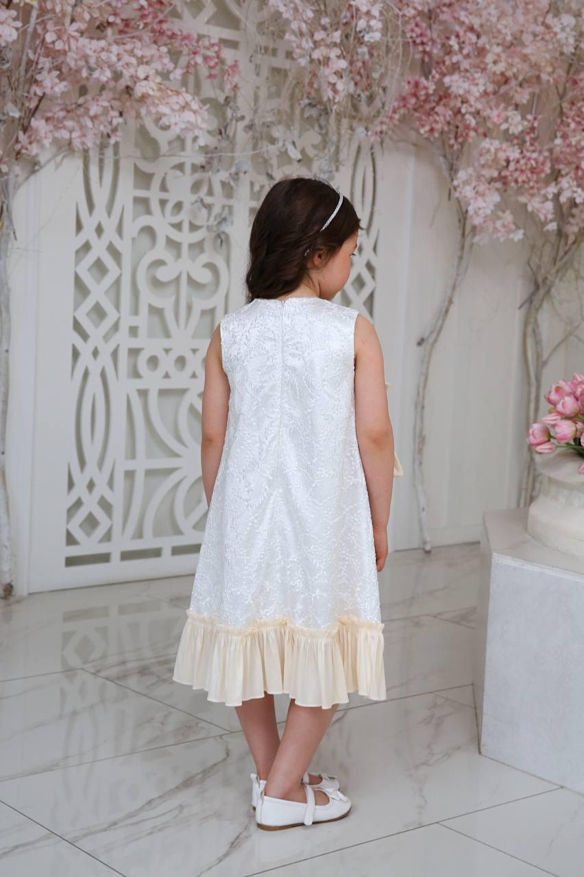 Junia White Luxury Girls Party Dress with Cream Bow