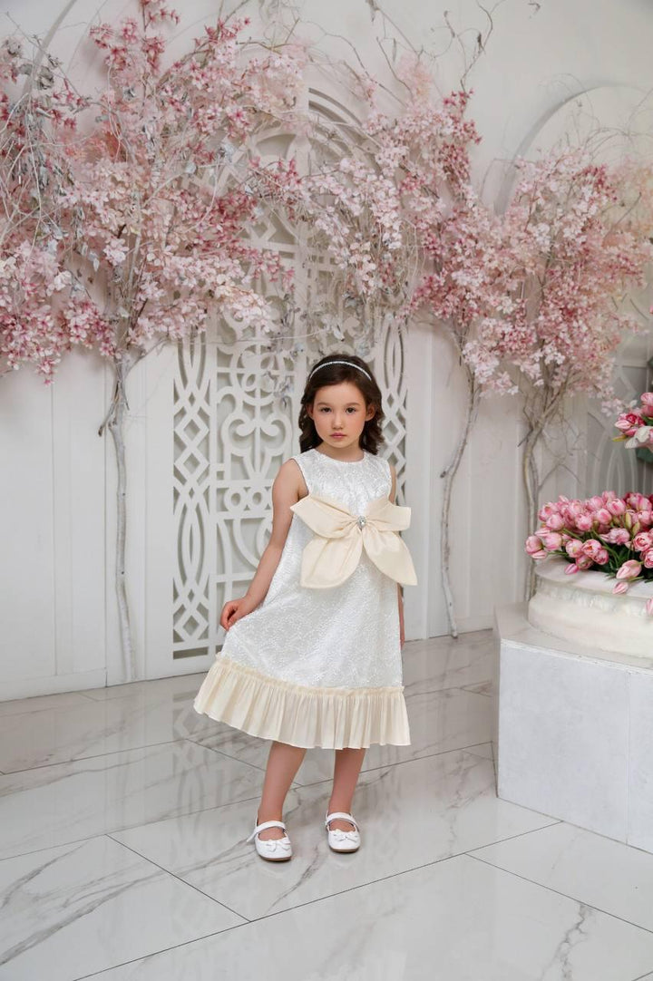 Junia White Luxury Girls Party Dress with Cream Bow