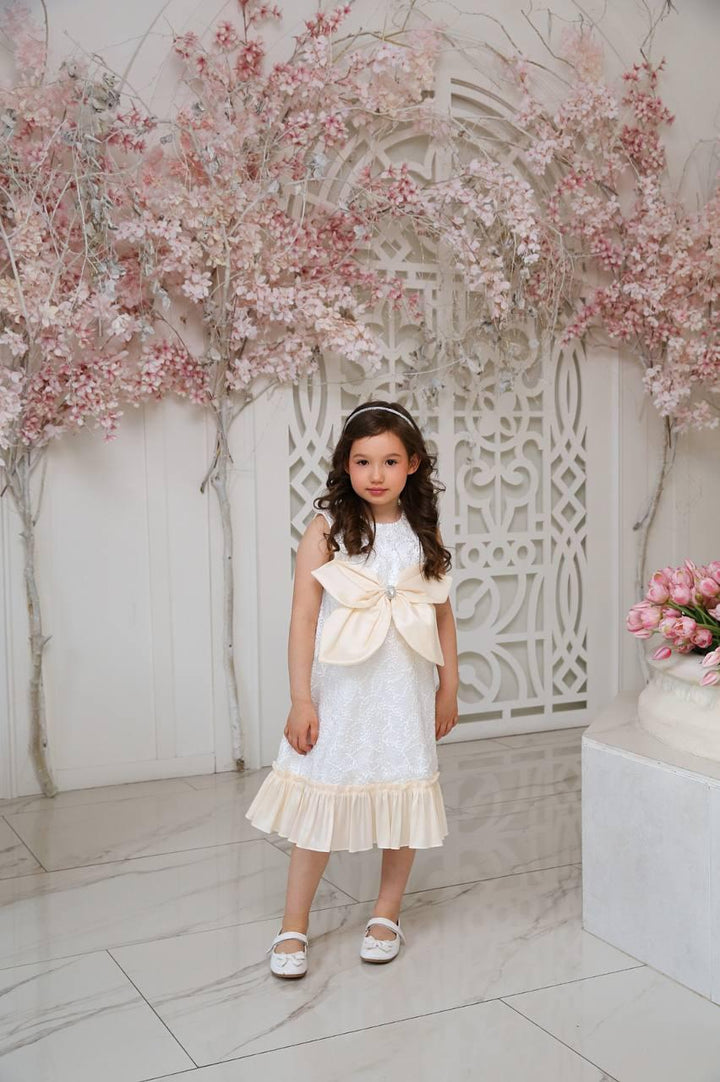 Junia White Luxury Girls Party Dress with Cream Bow