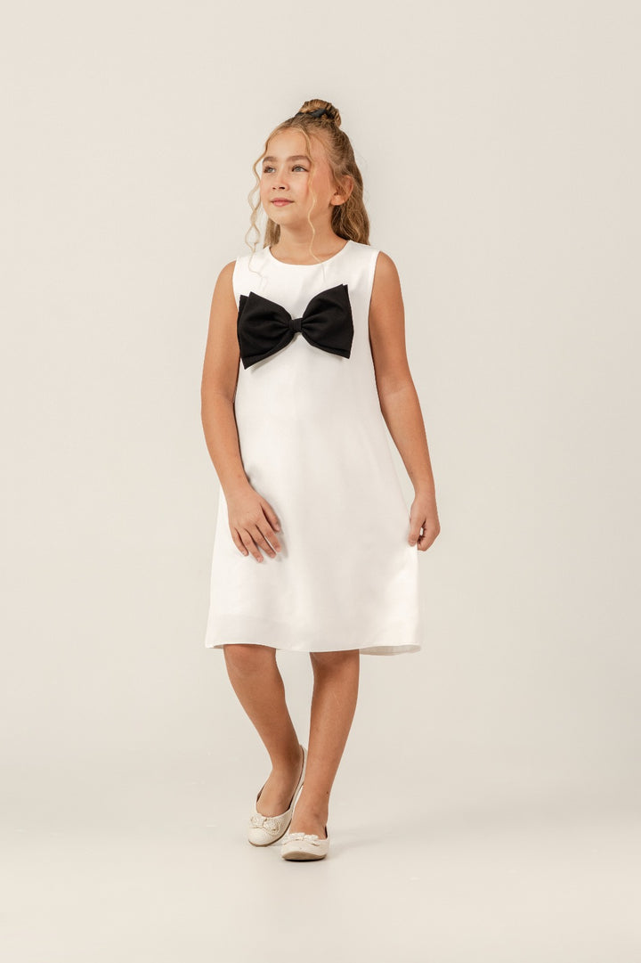 Mireya Girls White A-Line Dress with Bow