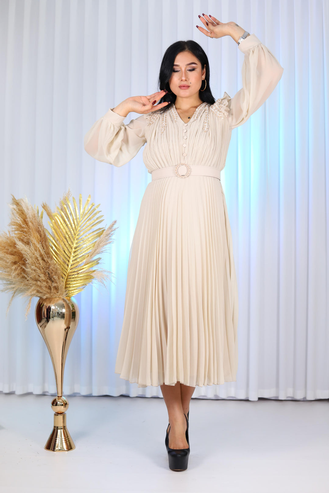 Dina Women Premium Chiffon Beige Midi Dress – Liba Fashion