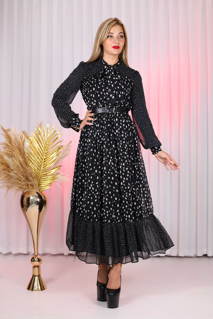 Alma Luxury Women Black Polka Dot Belted Dress