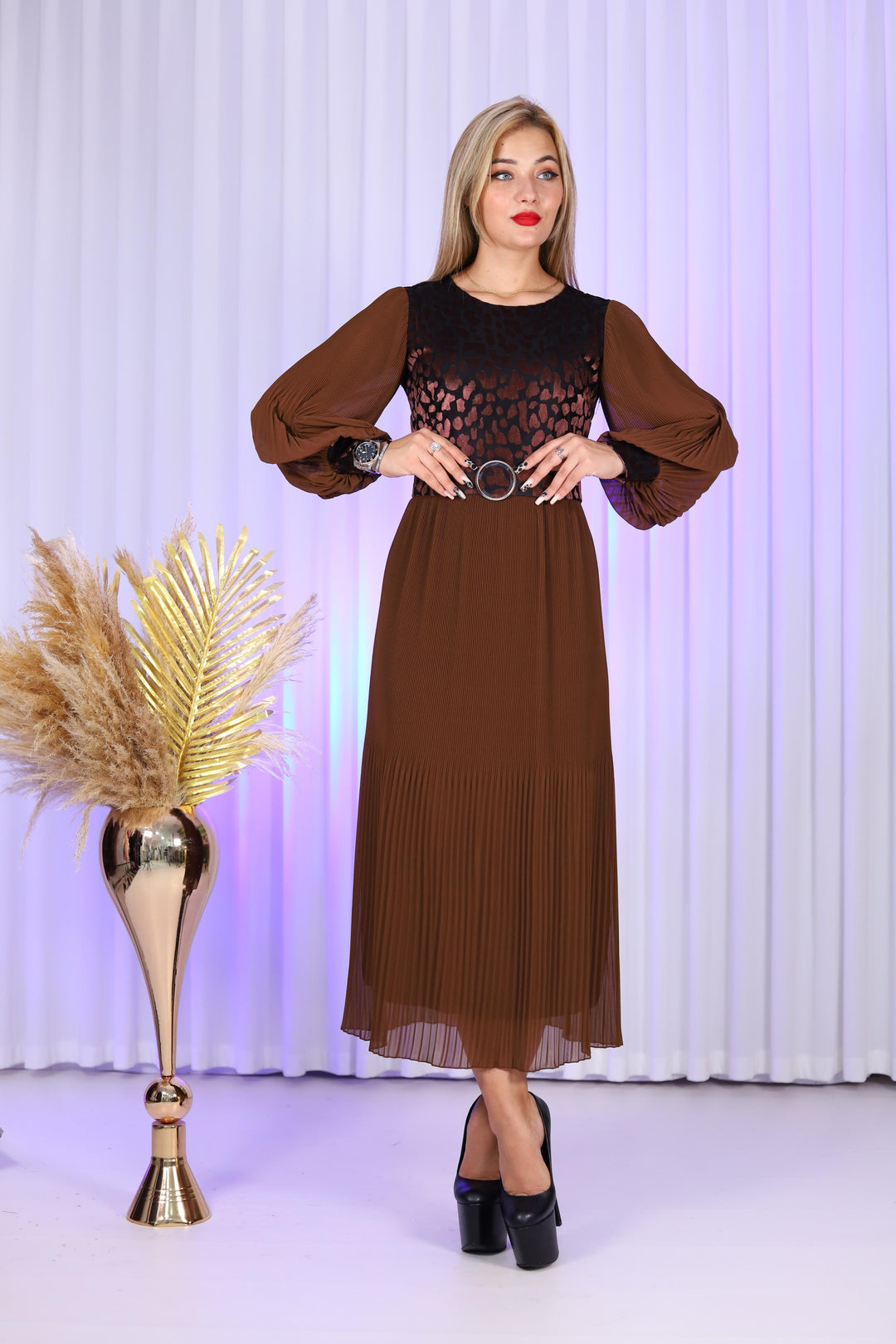 Fizza Women Dark Brown Pleated Midi Dress Liba Fashion Fizza Women Dark Brown Pleated Midi Dress Liba Fashion