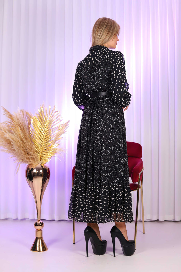 Alma Luxury Women Black Polka Dot Belted Dress