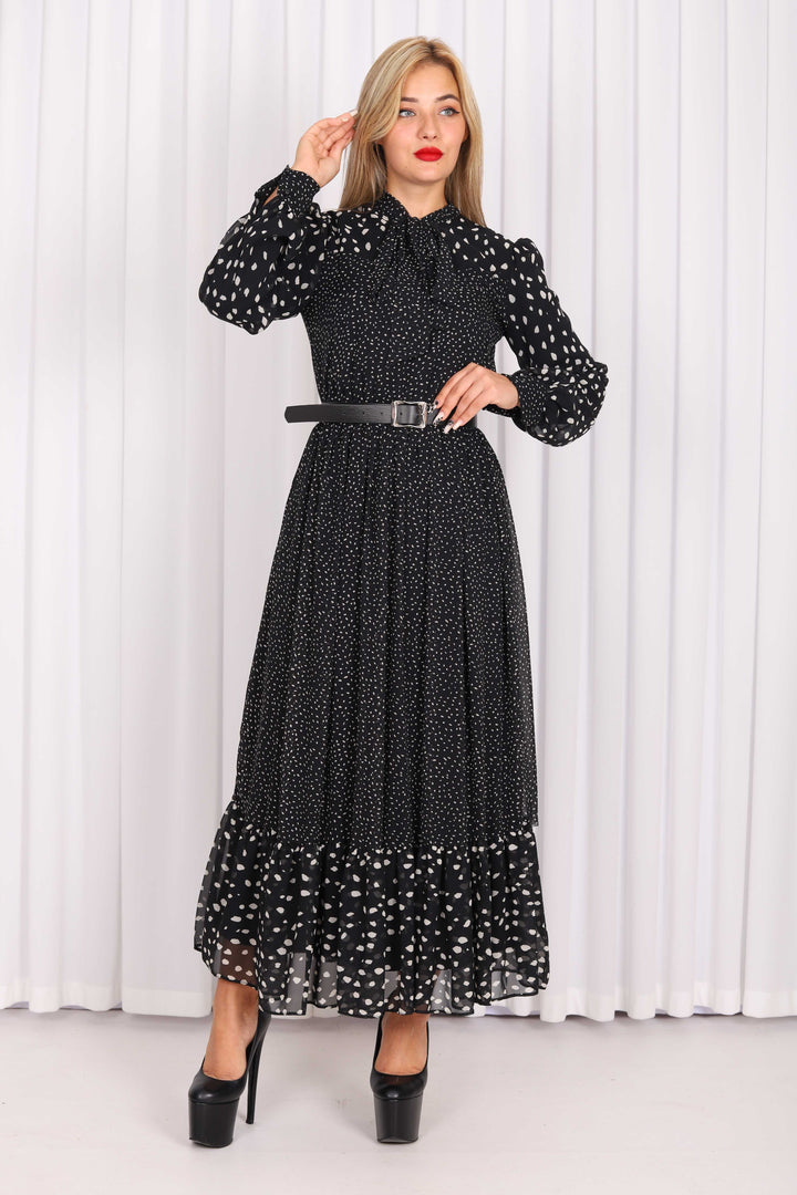 Alma Luxury Women Black Small Polka Dot Belted Dress