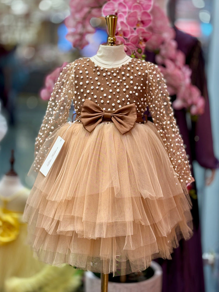 Cady Girls Brown Tulle Party Dress with Pearl Sleeves