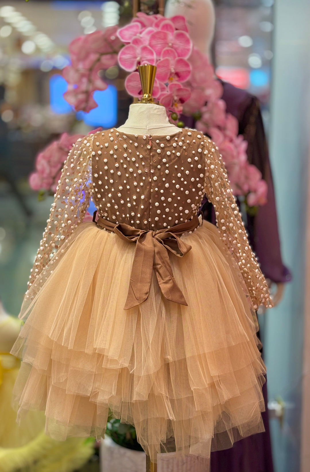 Cady Girls Brown Tulle Party Dress with Pearl Sleeves