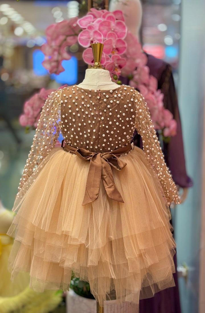 Cady Girls Brown Tulle Party Dress with Pearl Sleeves