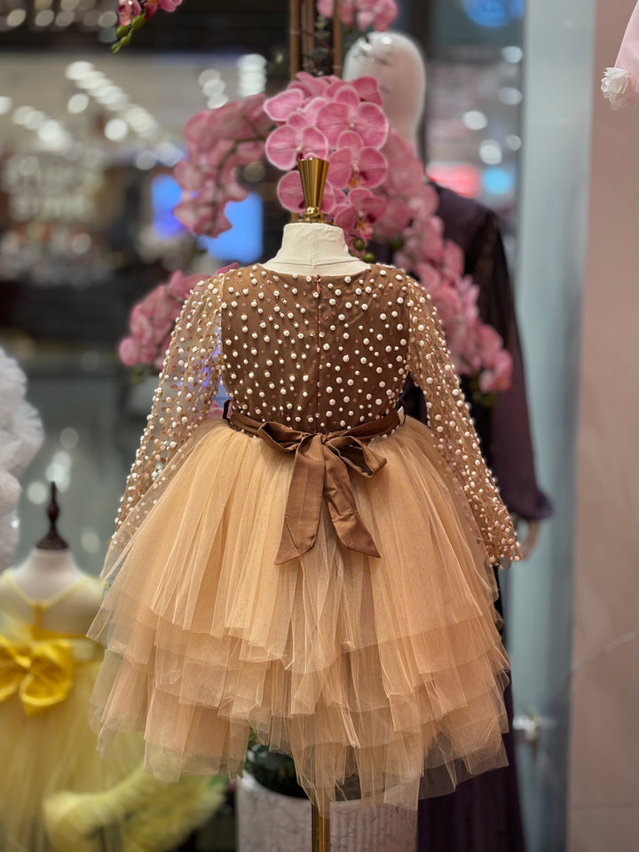 Cady Girls Brown Tulle Party Dress with Pearl Sleeves