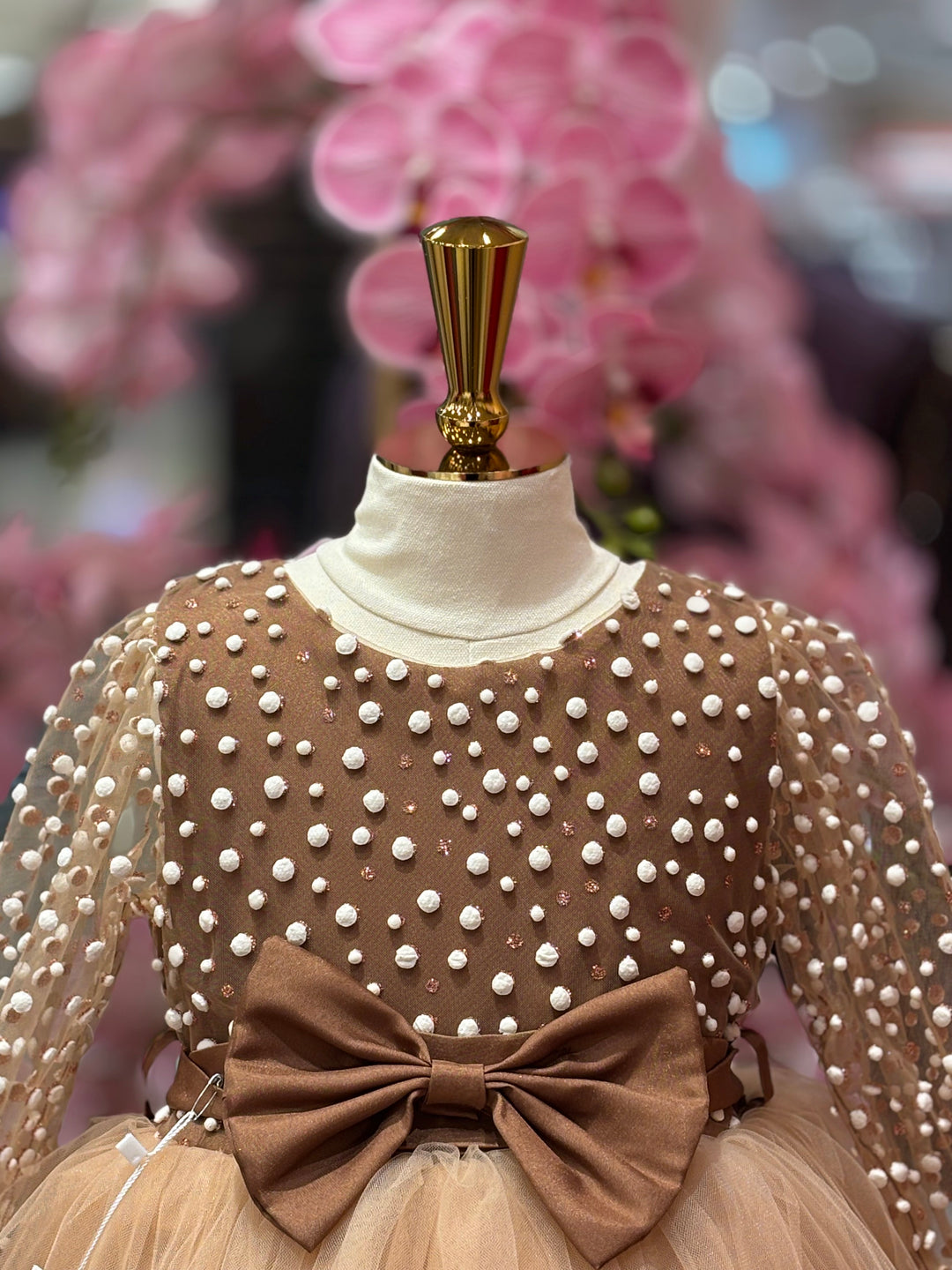 Cady Girls Brown Tulle Party Dress with Pearl Sleeves