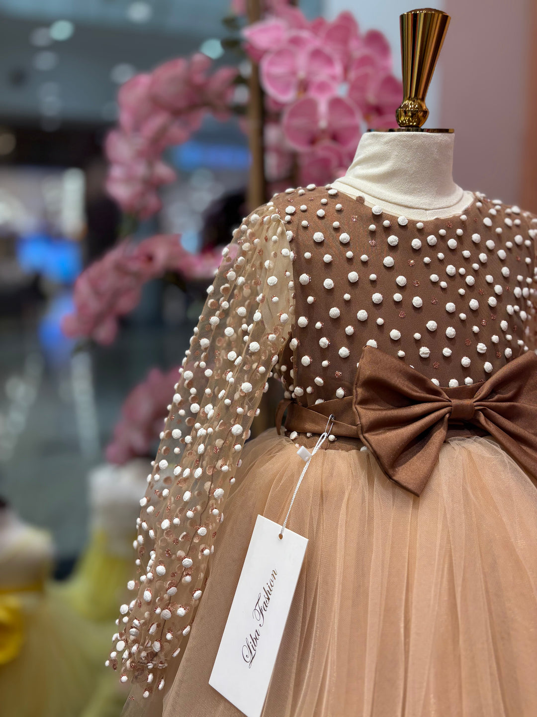 Cady Girls Brown Tulle Party Dress with Pearl Sleeves