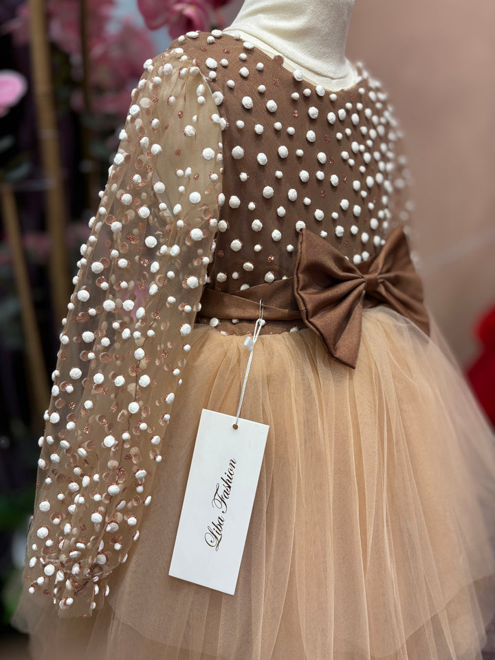 Cady Girls Brown Tulle Party Dress with Pearl Sleeves