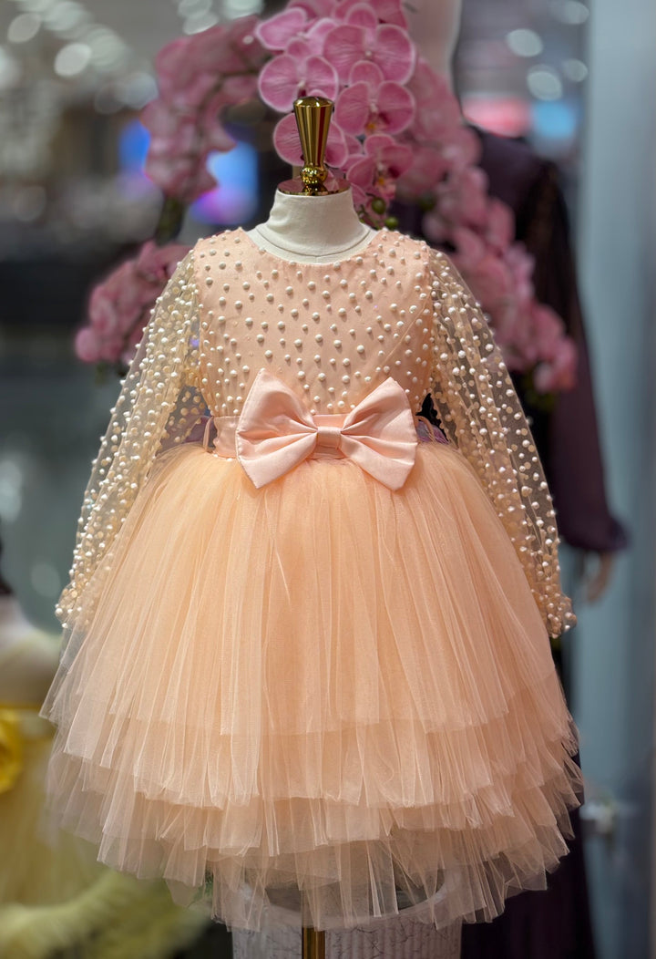 Cady Girls Peach Tulle Party Dress with Pearl Sleeves