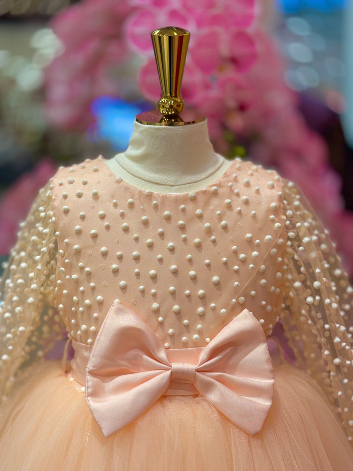 Cady Girls Peach Tulle Party Dress with Pearl Sleeves