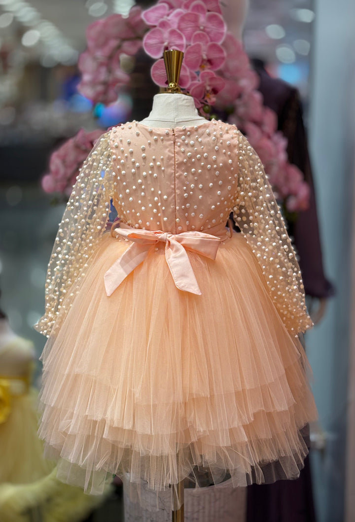 Cady Girls Peach Tulle Party Dress with Pearl Sleeves