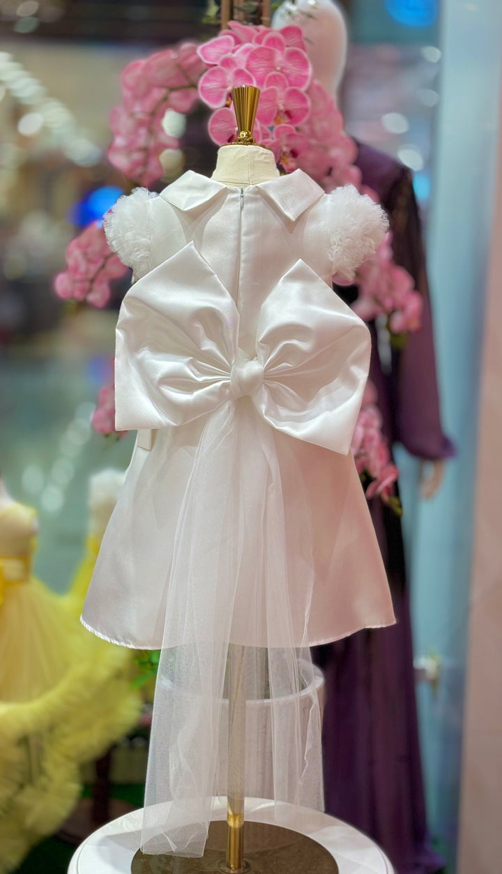 Hoorain White Girls Party Dress with Bow Back Detail