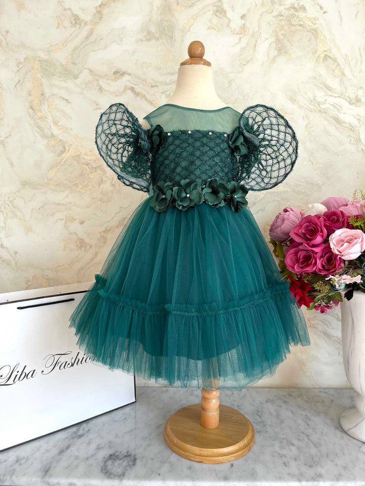 Nuha Green Flower Applique Girls Party Wear Dress