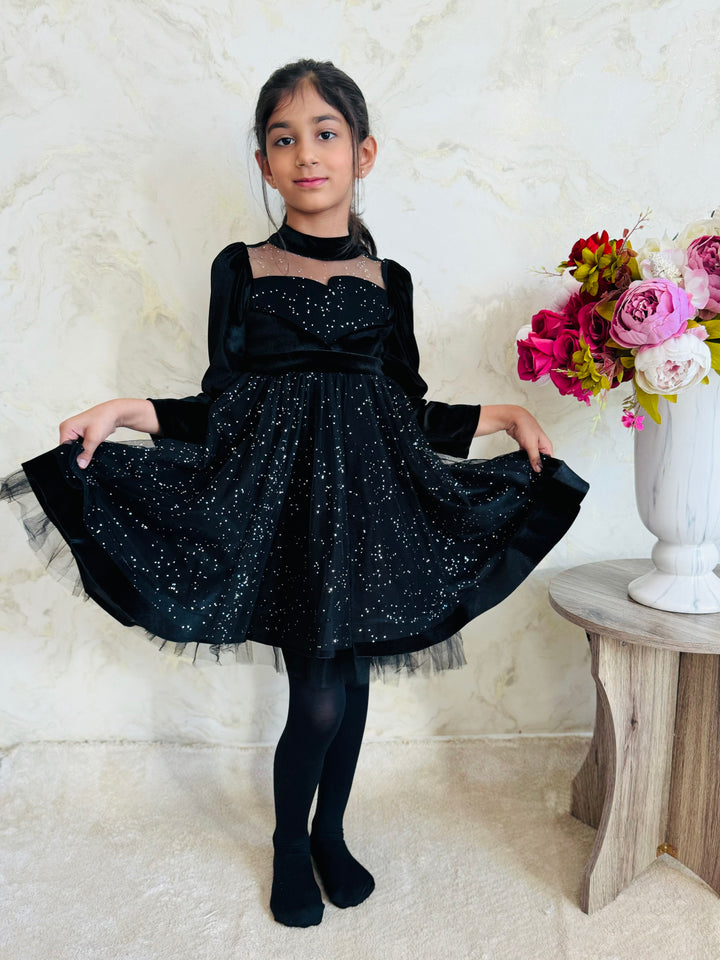 Girls Starry Black Sparkle High Neck Dress