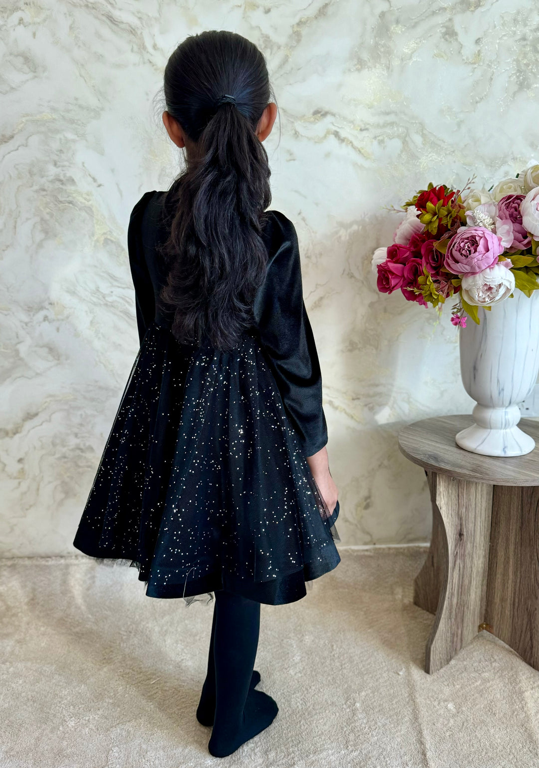 Girls Starry Black Sparkle High Neck Dress