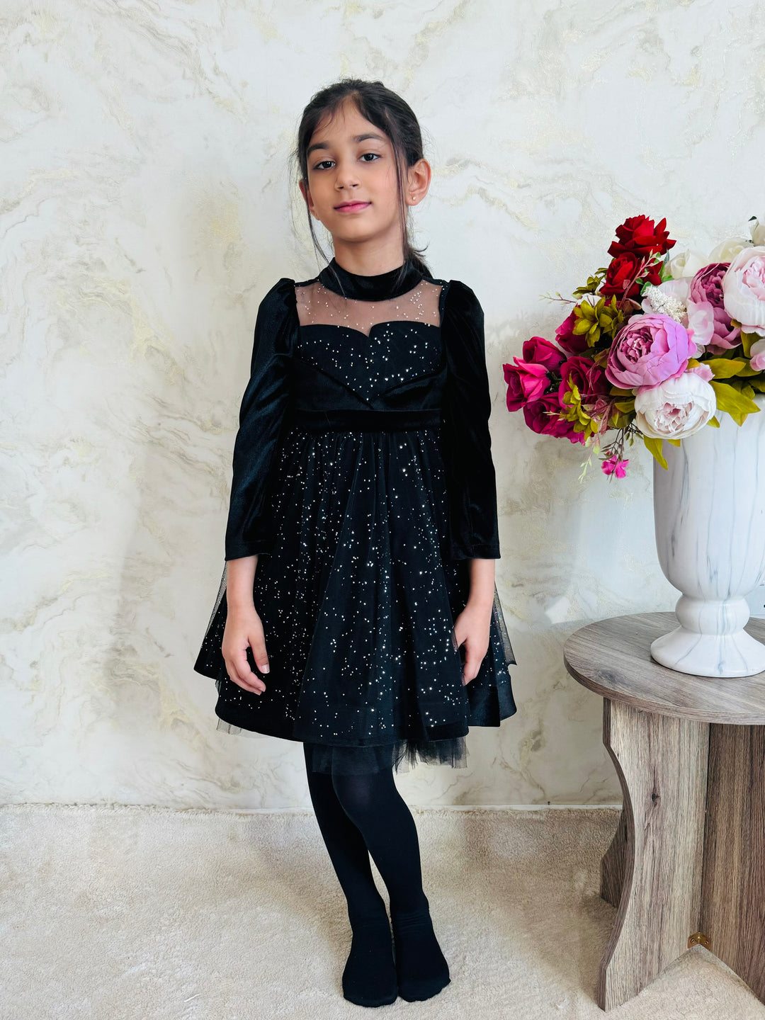 Girls Starry Black Sparkle High Neck Dress