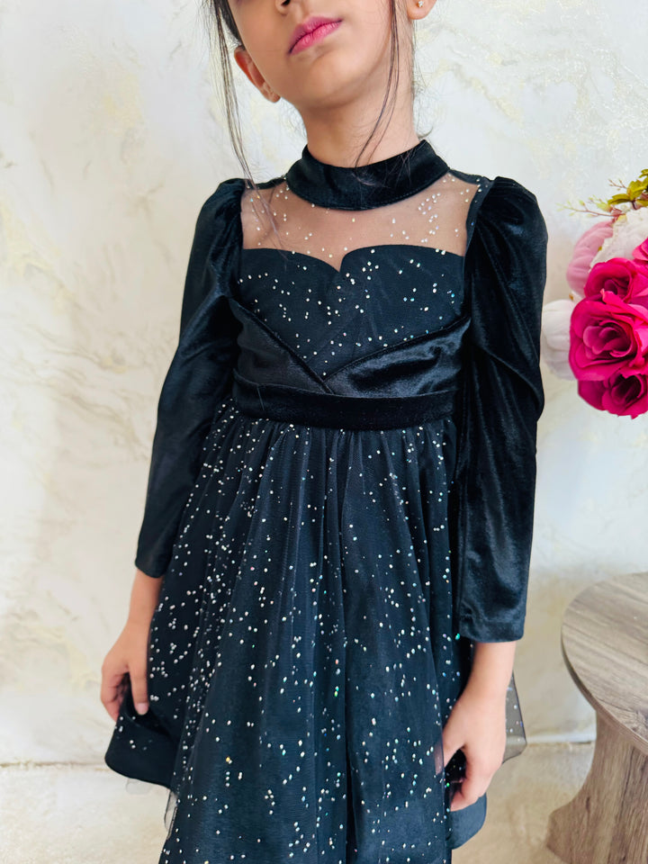 Girls Starry Black Sparkle High Neck Dress