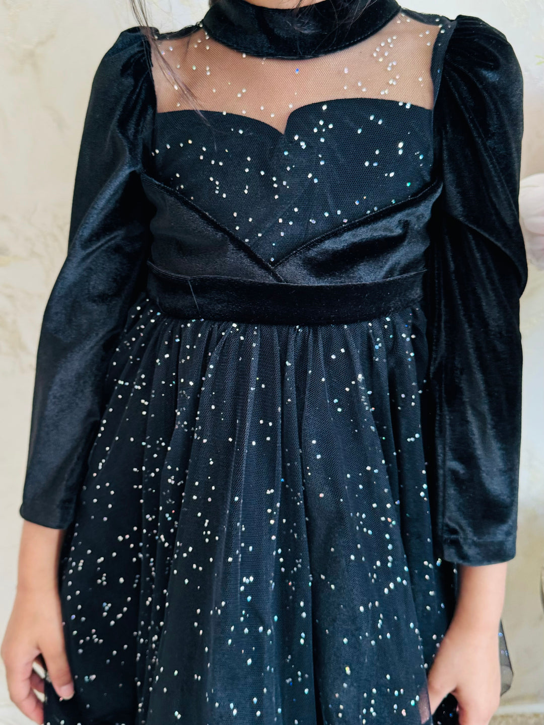 Girls Starry Black Sparkle High Neck Dress