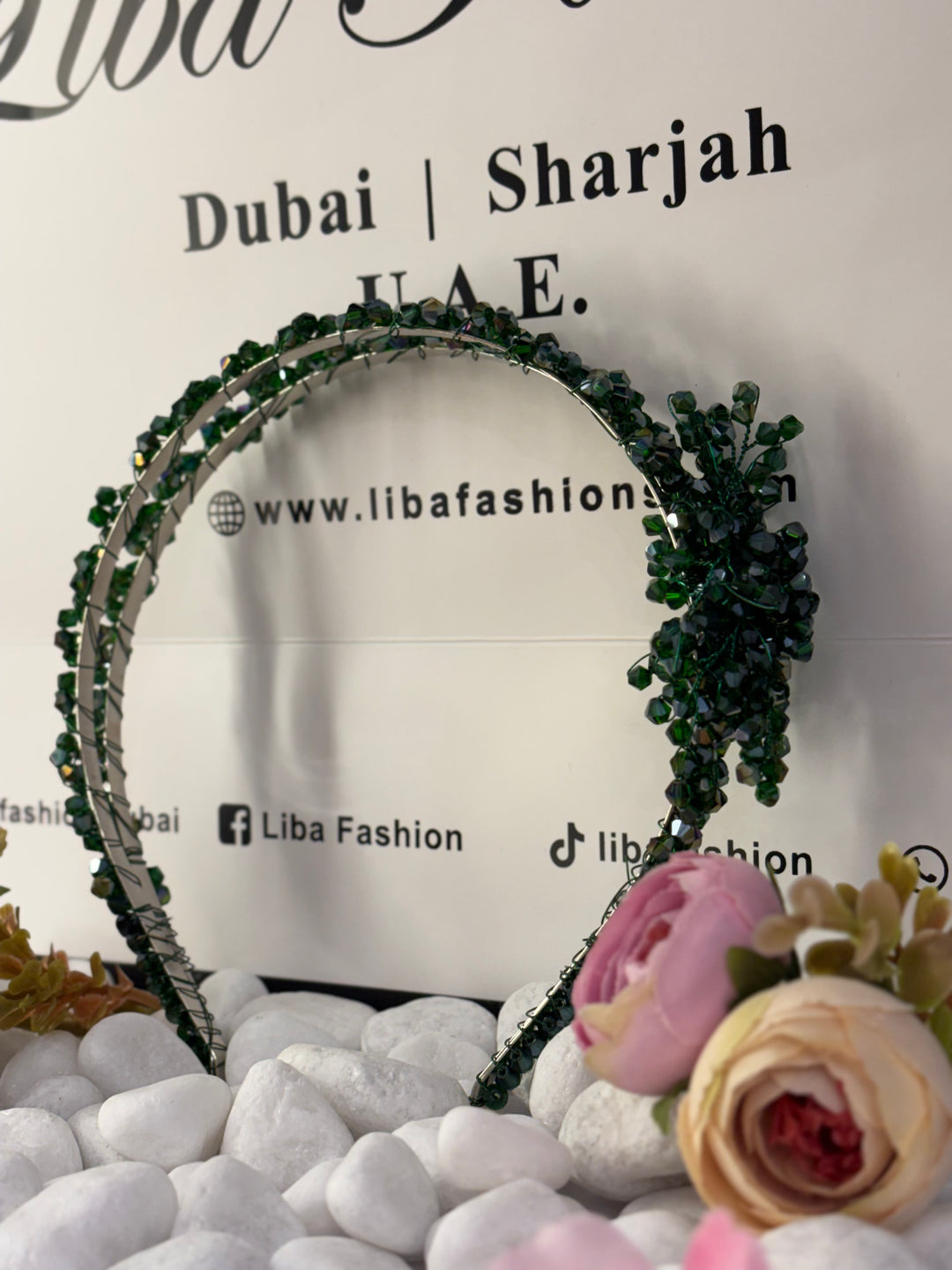 Luxury Double Row with Flower Green Crystal Headband